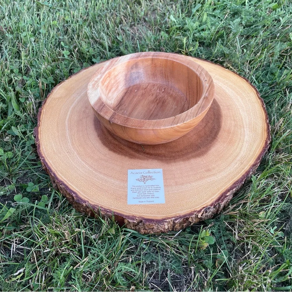 ACACIA COLLECTION Handcrafted Wooden Wood Slice Raw Edge Serving Tray Bowl
